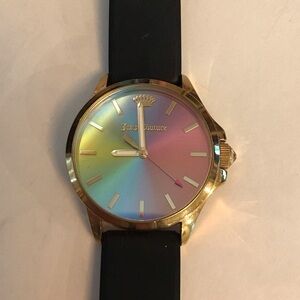 Juicy Couture Gold-Tone Case Watch with Rainbow Gradient Dial and Black Strap